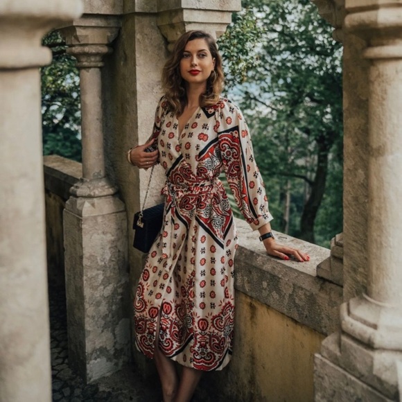 Zara paisley wrap midi dress white red - Picture 4 of 14